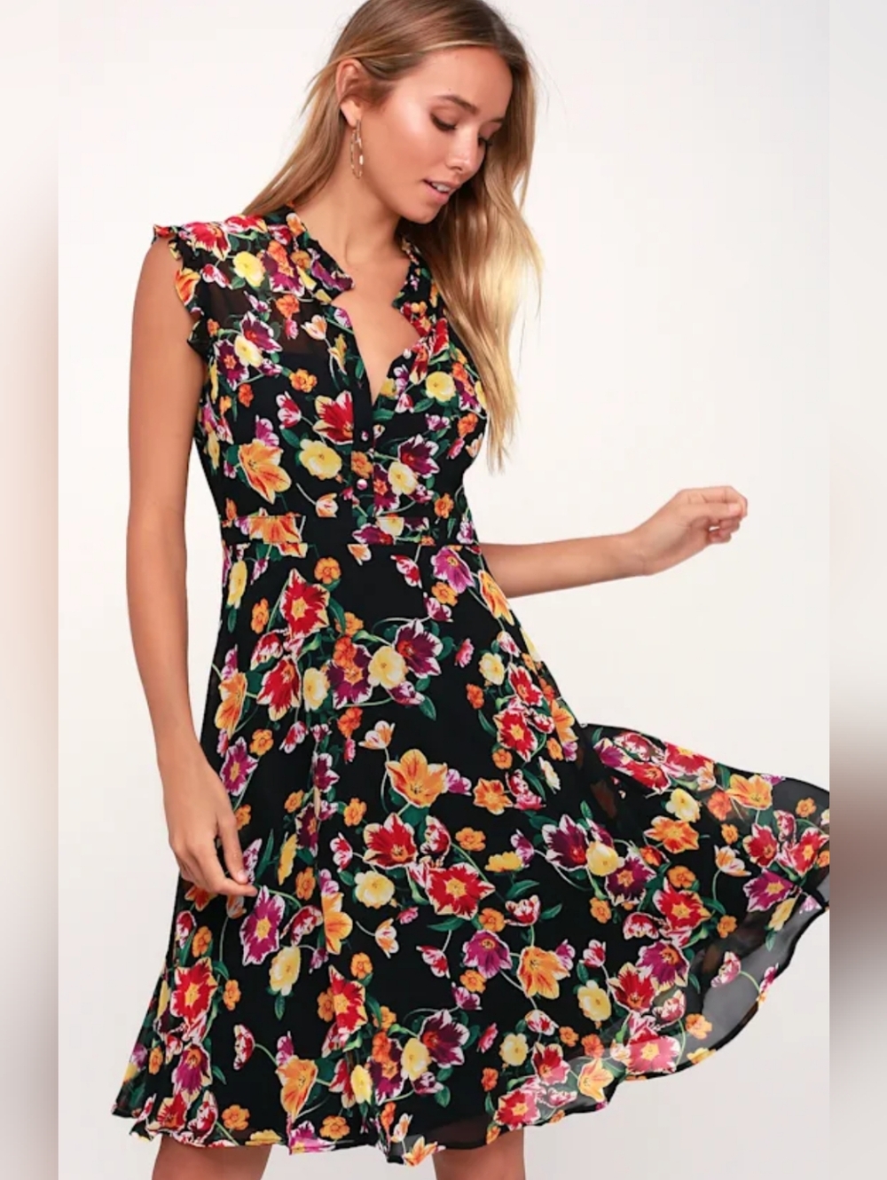 Lulu's Black Floral Ruffle Sleeve V-Neck Midi Dress NWOT